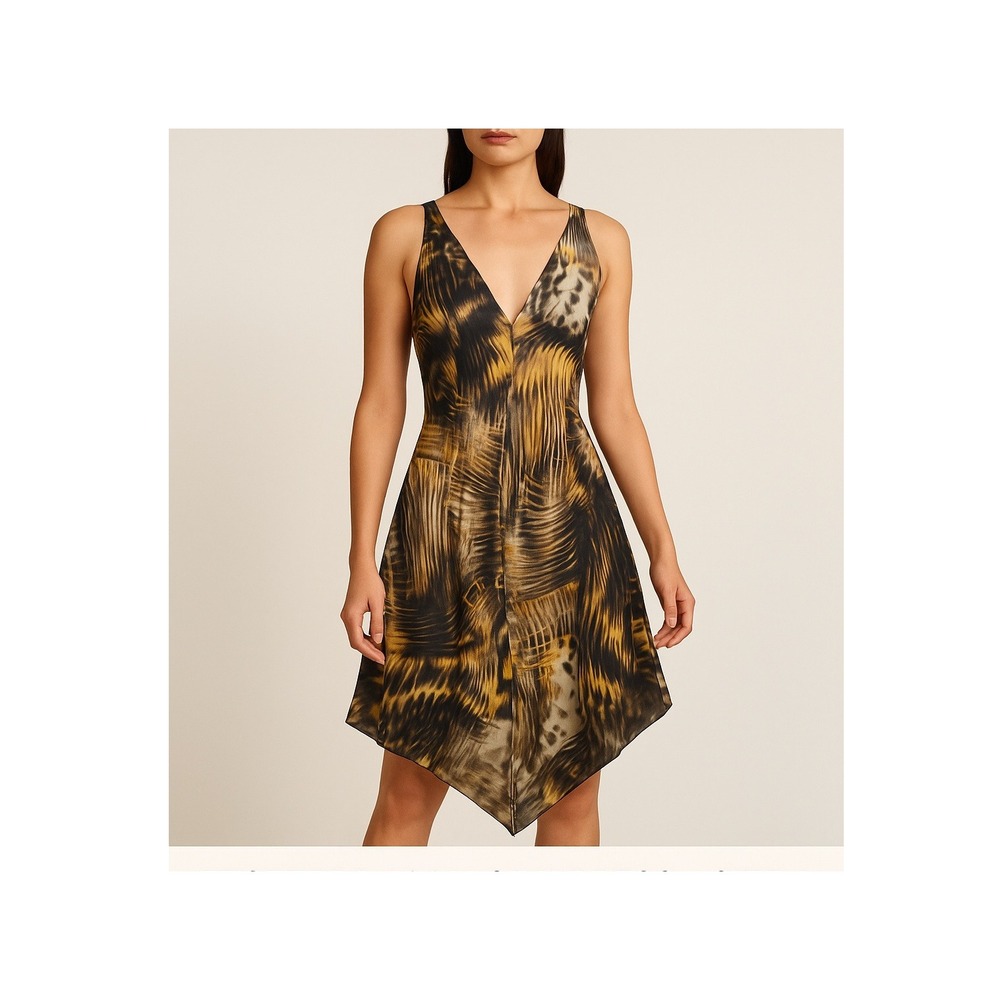 Etcetera 100% Silk V Neck Midi Dress Abstract Print Size 6